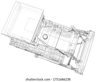 Building bulldozer Isolated. 3D rendering. Wire-frame. The layers of visible and invisible lines are separated. EPS10 format.