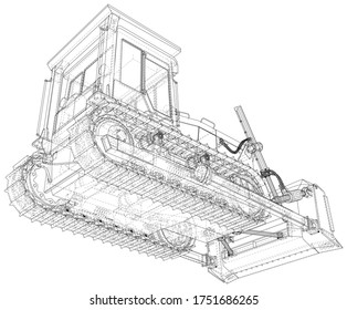 Building bulldozer Isolated. 3D rendering. Wire-frame. The layers of visible and invisible lines are separated. EPS10 format.