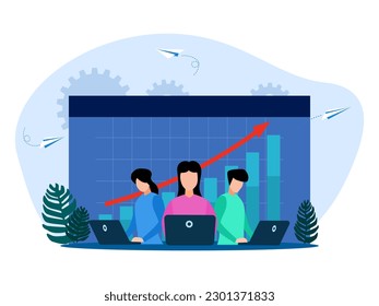 Building business growth. Work team working on laptops with growth graphs
