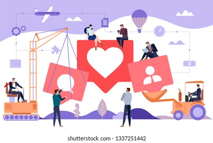 Building business on social media flat illustration concept. Developing strategies in interaction with clients in public sphere. Online brand representation with social networks instruments.