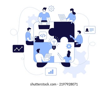 Building a business team. The concept of joint teamwork brainstorming. Metaphor of cooperation and business partnership. Vector illustration of working characters, people connecting pieces of puzzles.