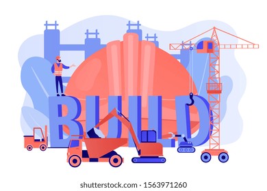 Building business transportation. Modern construction machinery, heavy equipment for construction, industrial and heavy equipment for rent concept. Pinkish coral bluevector isolated illustration