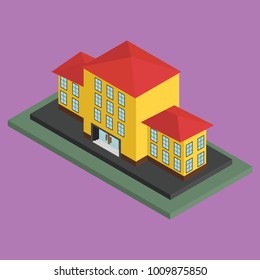 Building by type of school. isometric style vector illustration flat design isolated on purple