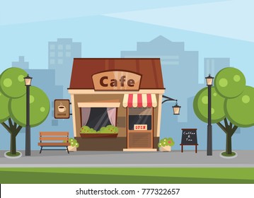 Building a cafe in the background of a large city. Vector illustration.