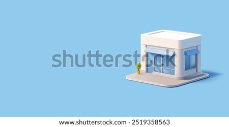 The building of a cafe, shop, hairdresser, bakery, dealer center, 3D. Exterior front view of commercial real estate for business, service industry advertising. Vector