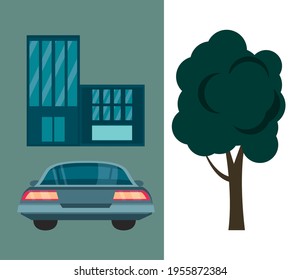 building car tree urban set