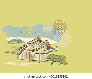 building card nature landscape view landscape card vector sketch illustration japanese chinese oriental