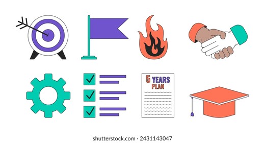 Aufbau der Karriere 2D lineare Cartoon-Objekte gesetzt. Ziele der beruflichen Bildung isolierte Linie Vektor-Elemente weißer Hintergrund. Handshake, Burnout Farbe flacher Punkt Illustration Sammlung