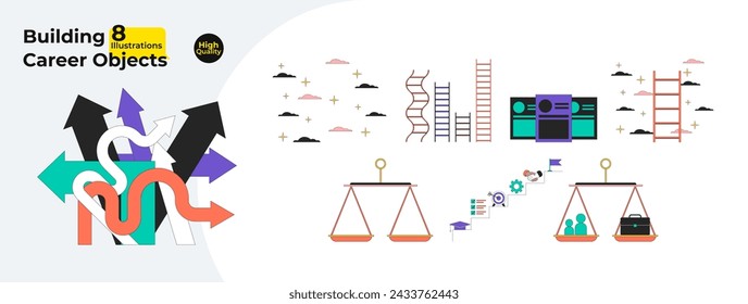 Building career 2D linear cartoon objects bundle. Scales balance, ladders isolated line vector items white background. Professional growth, achievement goals color flat spot illustration collection