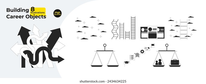 Baukarriere schwarz-weiß 2D Linie Cartoon Objekte Bundle. Skalenausgleich, Leitern isolierte Vektor-Umrisselemente Sammlung. Professionelle Leistungsziele monochromatische Flachfleckillustrationen