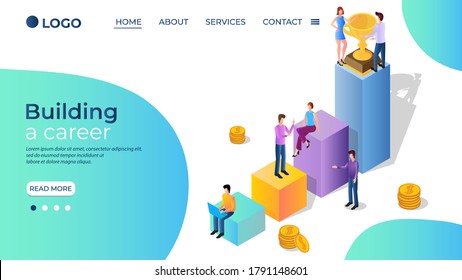 Building a career. People are engaged in career development. The concept of striving for success in work. Teamwork. Isometric vector illustration landing page template.