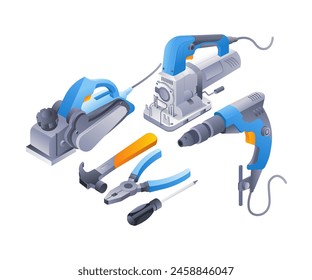 Building carpentry tools infographics flat isometric 3d illustration 