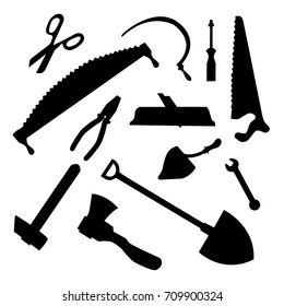 Building and carpentry tools silhouette set isolated on white background. Monochrome vector illustration