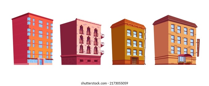 Building cartoon vector isolated illustrations. City landscape elements set, Multi-storey buildings with balconies and gutter, residential apartments, offices, shop or cafe, hotel with red canopy