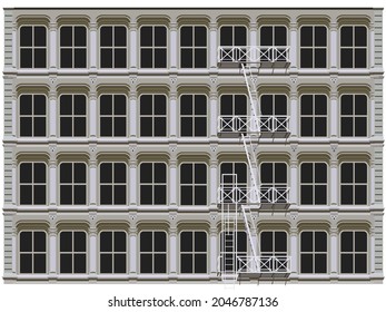 Building with a cast iron facade and fire escape typical of the Soho district region of southern Manhattan Island in New York. EPS vector illustration.