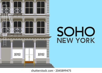 Building with a cast iron facade typical of the Soho district region of southern Manhattan Island in New York. Fire escape and shop window. Space for text. EPS vector illustration.