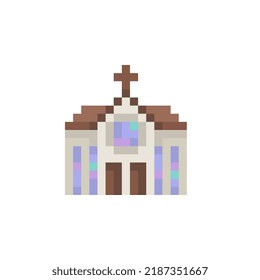 The building of the cathedral or church pixel art icon. Isolated vector illustration. Game assets 8-bit sprite. Design stickers, logo, mobile app.