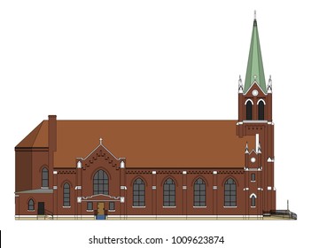 The building of the Catholic church, views from different sides. Three-dimensional illustration on a white background.