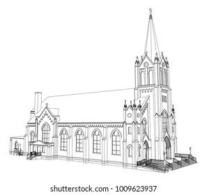 The building of the Catholic church, views from different sides. Three-dimensional illustration on a white background.