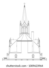 The building of the Catholic church, views from different sides. Three-dimensional illustration on a white background.