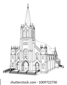 The building of the Catholic church, views from different sides. Three-dimensional illustration on a white background