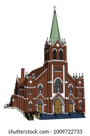 The building of the Catholic church, views from different sides. Three-dimensional illustration on a white background