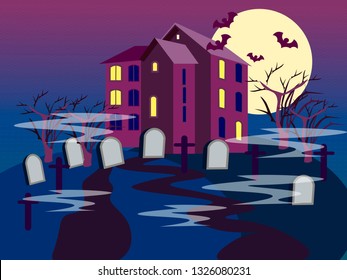The building of the cemetery. Graves on a dark background. In minimalist style. Flat isometric vector illustration