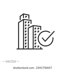 building with check mark icon, development architecture process, construction approved, thin line symbol on white background - editable stroke vector illustration eps10