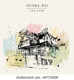 A building in Chiang Mai, Thailand, Asia. 20th century. Hand drawing. Vintage artwork. Travel sketch. Book illustration, touristic postcard or poster in vector