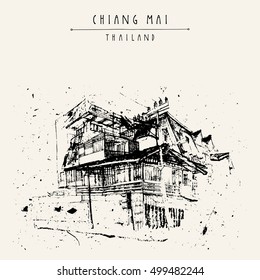 A building in Chiang Mai, Thailand, Asia. 20th century. Hand drawing. Vintage artwork. Travel sketch. Book illustration, touristic postcard or poster in vector