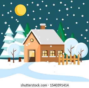 Building with chimney and roof covered with snow. Winter in city or village. Night town with moon at sky and snowfall. Landscape with pine trees and snowy hills estate in countryside flat style vector