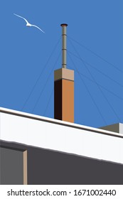 Edificio y chimenea con fuertes sombras en el cielo azul