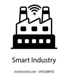 Building with chimney and wifi signals depicting smart industry icon in solid style