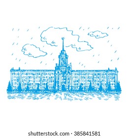 Building of city administration (City Hall) in Yekaterinburg, Russia. Symbol of the city. Sketch by hand. Vector illustration