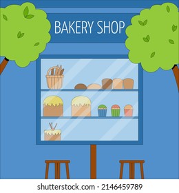 The building of the city bakery with outdoor tables and chairs. Vector concept of a summer cafe. Flat vector illustration.