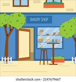 The building of the city bakery with outdoor tables and chairs. Vector concept of a summer cafe. Flat vector illustration.