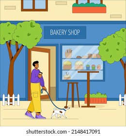 The building of the city bakery with outdoor tables and chairs. Friendly man with a dog relax in the fresh air. Vector concept of a summer cafe. Flat vector illustration