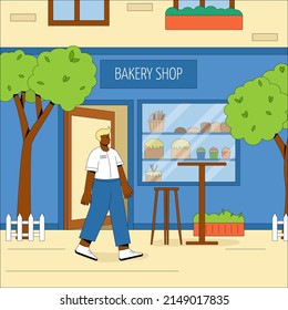 The building of the city bakery with outdoor tables and chairs. Friendly man relax in the fresh air. Vector concept of a summer cafe. Flat vector illustration