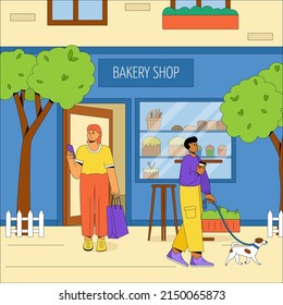 The building of the city bakery with outdoor tables and chairs. The character something buy in a bakery shop, friendly man with a dog relax in the fresh air. Vector concept of a summer cafe. Flat