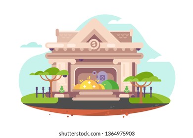 Building of city bank vector illustration. Banking house with golden coins symbol flat style design. Money and finance saving in financial institution concept