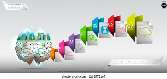 Building in the city Brain - Folder Colorful icon, Illustration Business Steps Infographics Template  Idea and concept design text. 
