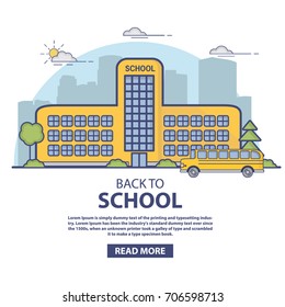 The building of city high and elementary school with the yellow bus. A design concept for the websites in linear flat style a vector.Back to school.
