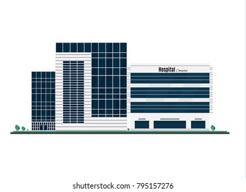 
The building of the city hospital or clinic, an ambulance. Vector illustration. Beautiful architecture with windows and trees. Treatment.