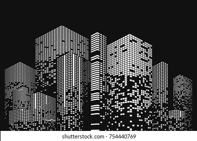 Building and city illustration. Black cities silhouette with windows. Graphic concept for your design