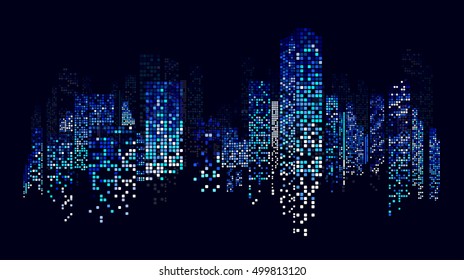 Building and City Illustration at night, Cityscape blue pattern on black background