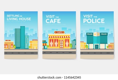 Building city information cards set. Architecture template of flyear, magazines, poster, book cover, banners. Construction infographic background. Layout illustrations modern pages 