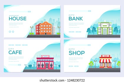 Building city information cards set. Architecture template of flyear, magazines, poster, book cover, banners. Construction infographic background. Layout illustrations modern pages with typography