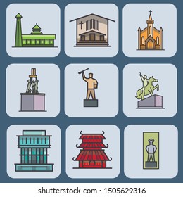 Building and city landmark symbols.Simple shapes vector icon.Good for map elements creator.