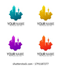 Building city logo and gear design combination, Colorful icons