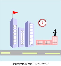 Building in the in the city with man who is worker to success at 12 o'clock vector illustration